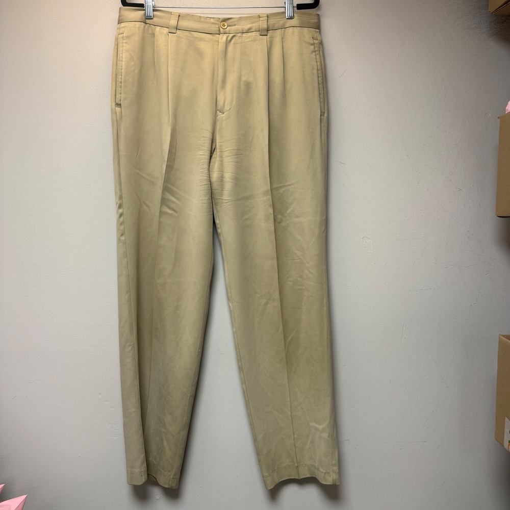 Tommy Bahama Dress Pants Mens 36x32 Khaki 100% Silk Pleated Straight Excellent